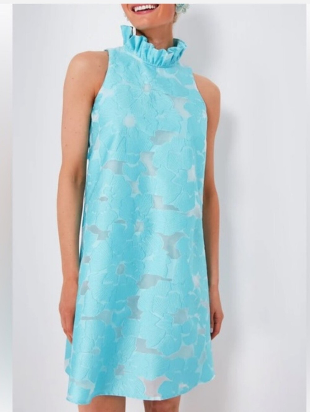 Tuckernuck Aqua Blue Floral Jacquard Ruffle-Neck Mini Dress
